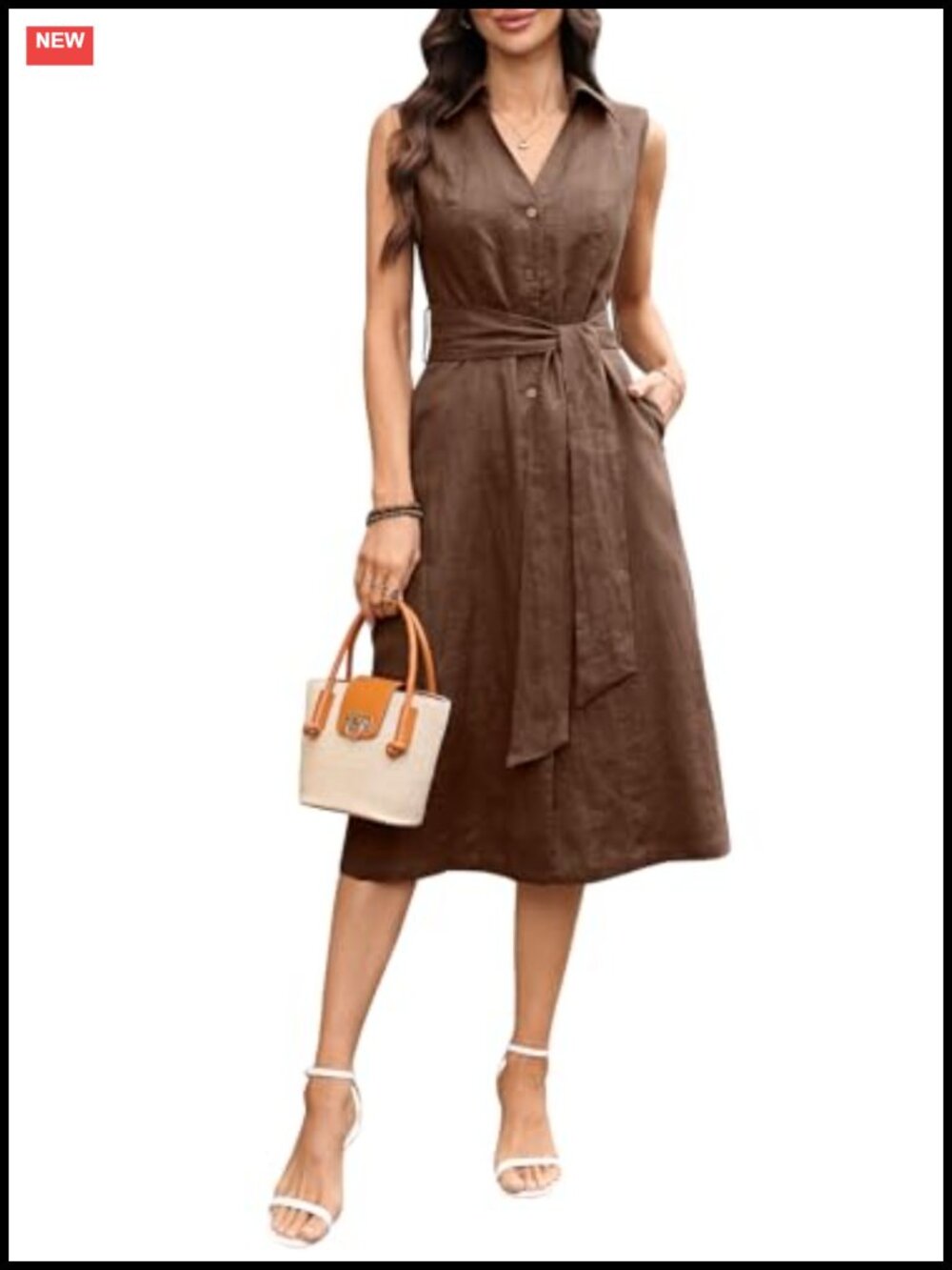 100% Linen Collared Shirt Dress V Neck Sleeveless Button Down Midi